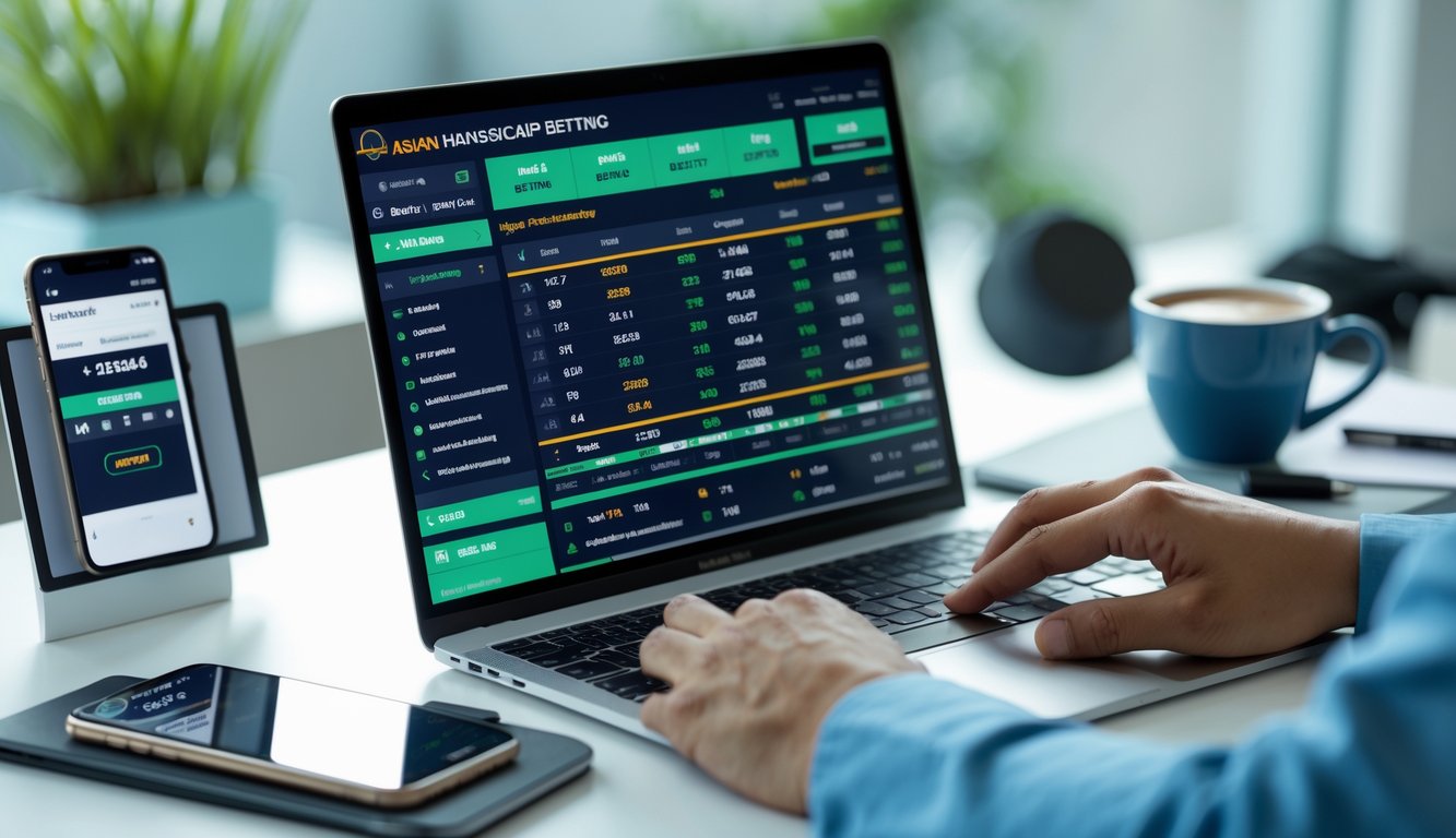 Seorang pengguna sedang melihat layar laptop dengan tampilan taruhan sepak bola online dan statistik pertandingan di meja kerja.