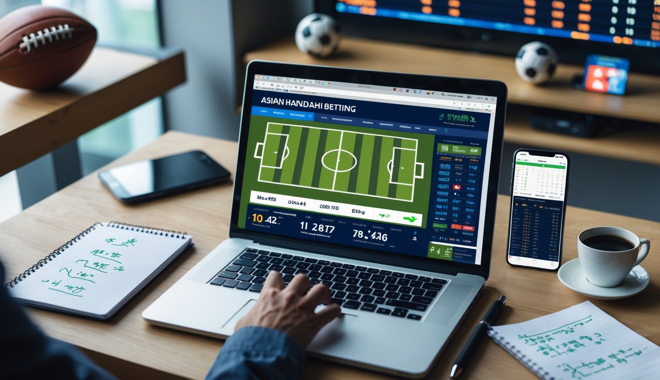 Sebuah ruang kerja modern dengan laptop yang menampilkan situs taruhan sepak bola Asia, ponsel dengan skor pertandingan langsung, buku catatan dengan strategi taruhan, dan secangkir kopi di meja.