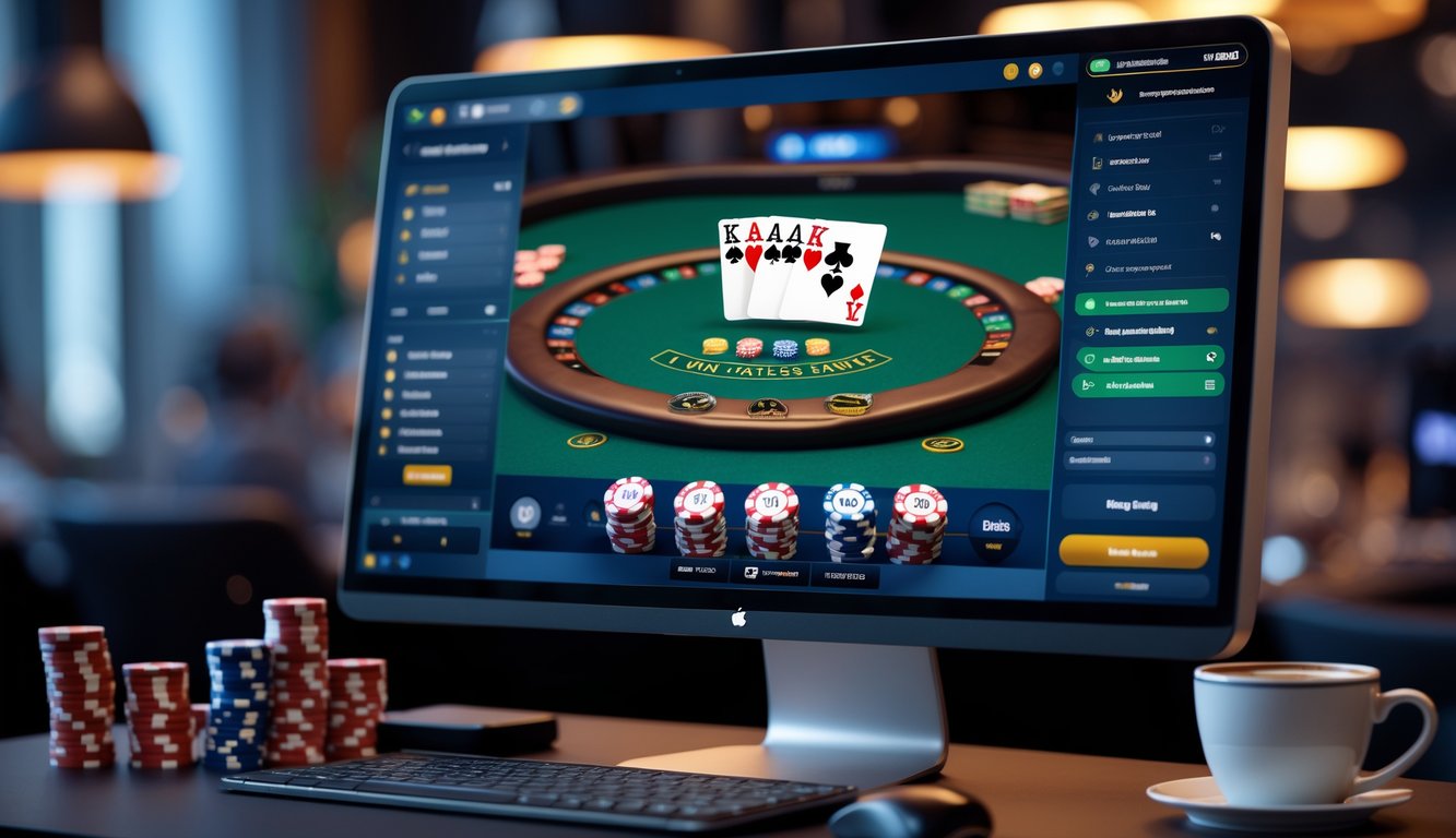 Tampilan meja poker Casino Hold'em online di layar komputer dengan chip dan kartu di sekitar.