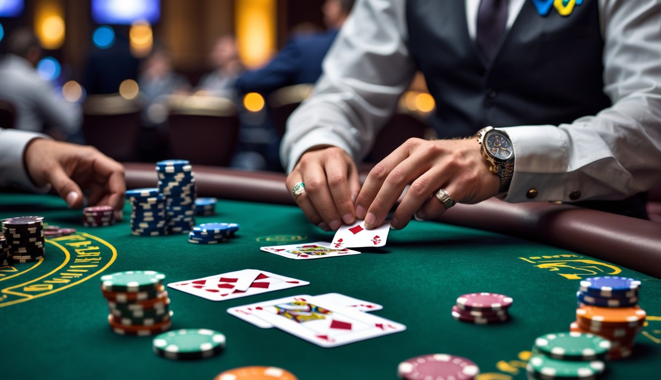 Meja kasino dengan permainan Casino Hold'em yang sedang berlangsung, menampilkan kartu dan chip poker serta dealer yang membagikan kartu.