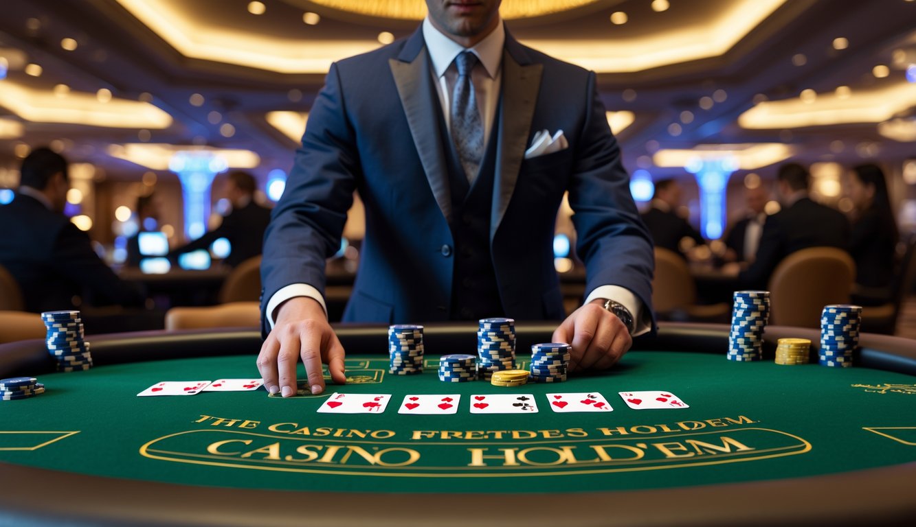 Seorang dealer berjubah rapi sedang membagikan kartu di meja poker hijau dengan pemain di latar belakang di dalam kasino.