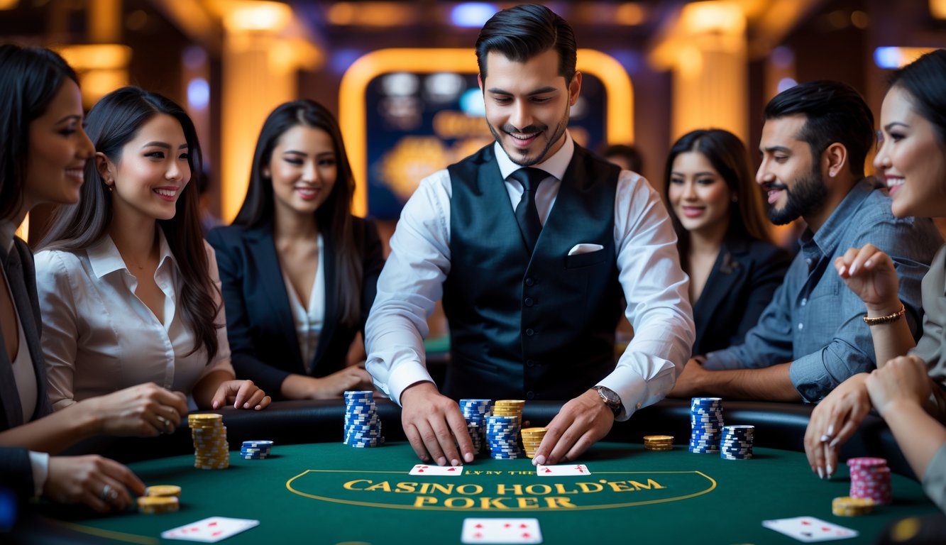 Seorang dealer membagikan kartu di meja poker Casino Hold'em dengan beberapa pemain yang fokus dan suasana kasino yang ramai.