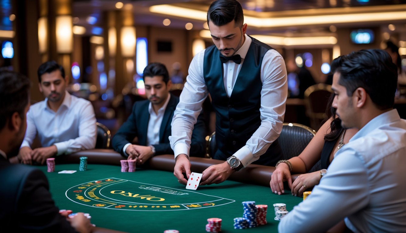Seorang dealer membagikan kartu di meja poker Casino Hold'em dengan beberapa pemain yang duduk mengamati kartu mereka di lingkungan kasino yang elegan.