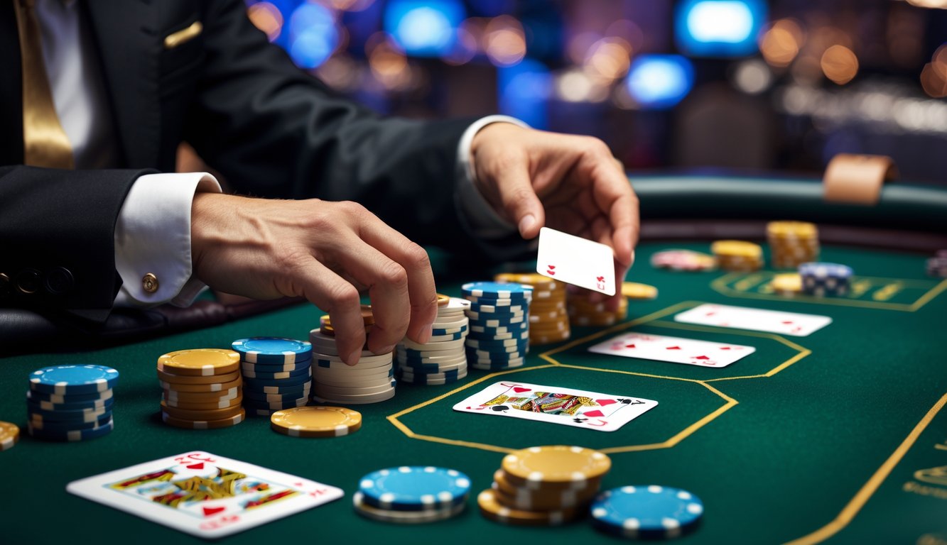 Meja kasino dengan kartu dan chip poker untuk permainan Casino Hold'em, dengan tangan dealer yang sedang membagikan kartu.