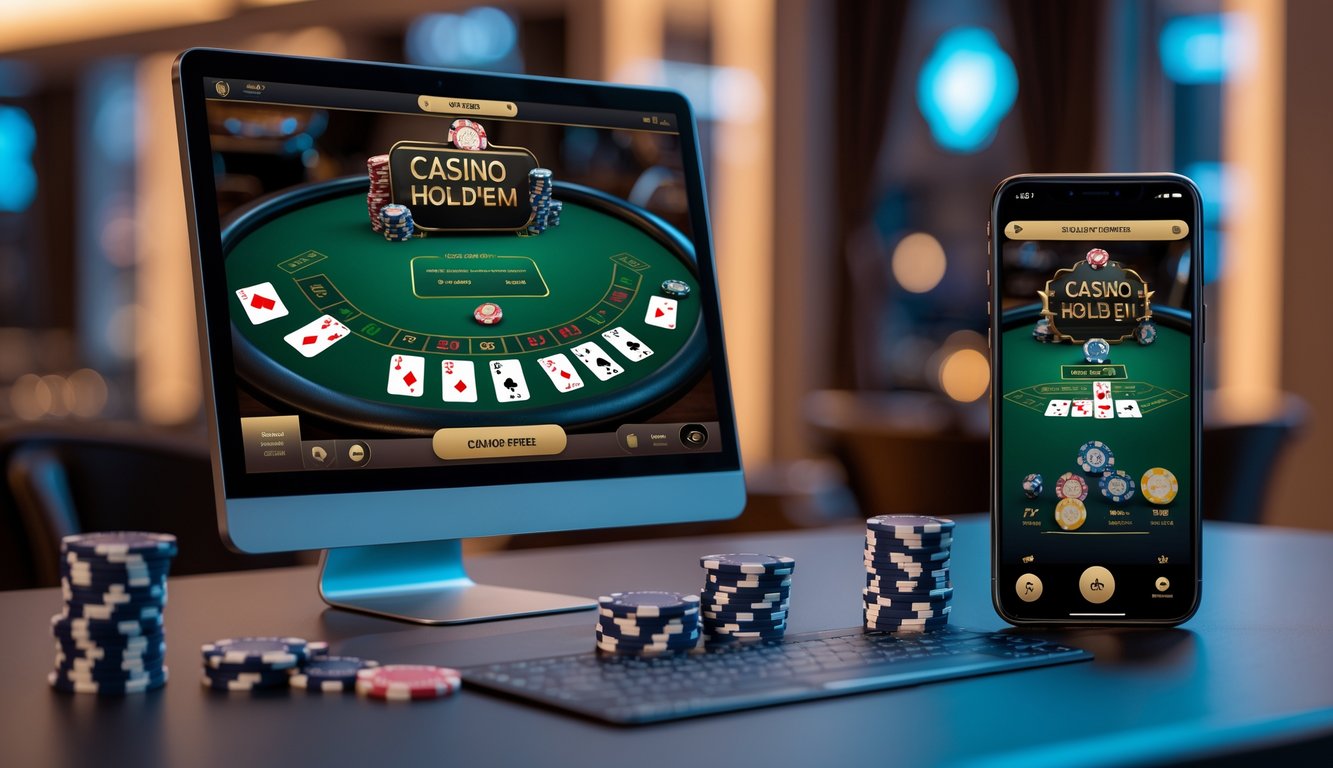 Meja poker digital Casino Hold'em yang ditampilkan di layar komputer dan ponsel dengan latar belakang suasana kasino yang hangat dan mewah.