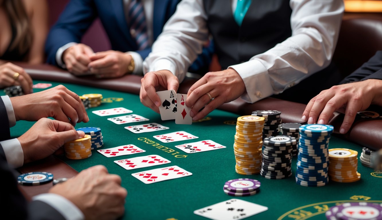 Meja permainan Casino Hold'em dengan kartu dan chip poker, tangan pemain dan dealer yang sedang membagikan kartu.
