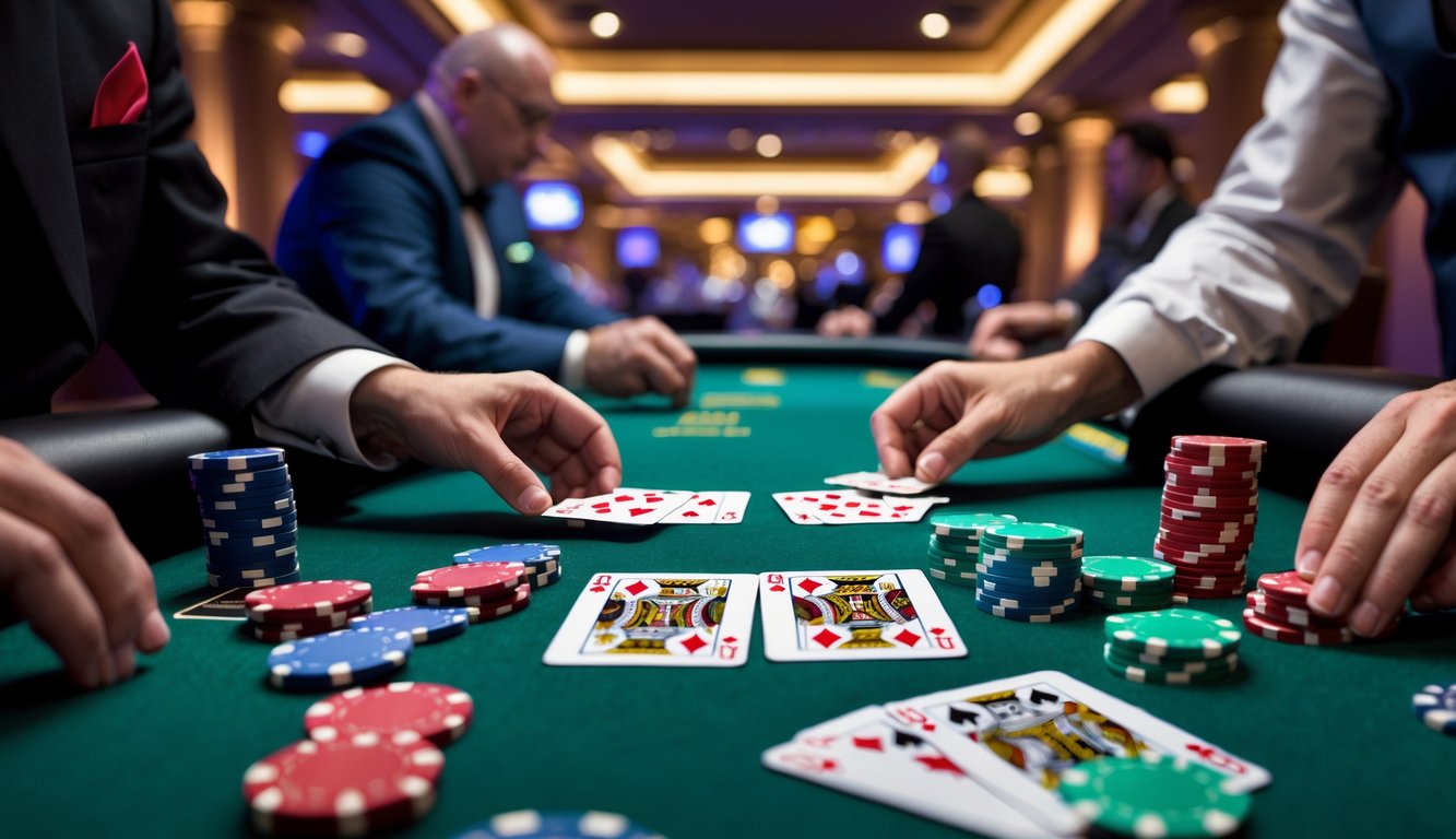 Meja poker Casino Hold'em dengan kartu dan chip, dealer membagikan kartu di kasino.