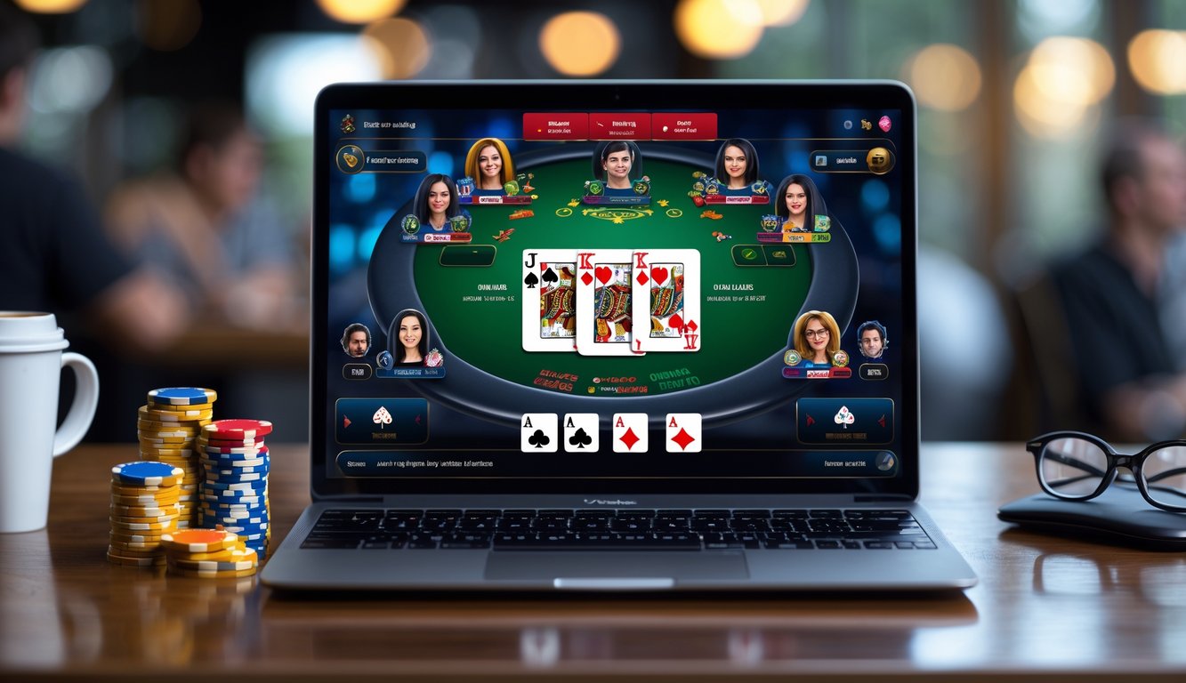 Seorang pemain poker online sedang bermain Omaha di laptop dengan tumpukan chip poker di meja kayu.