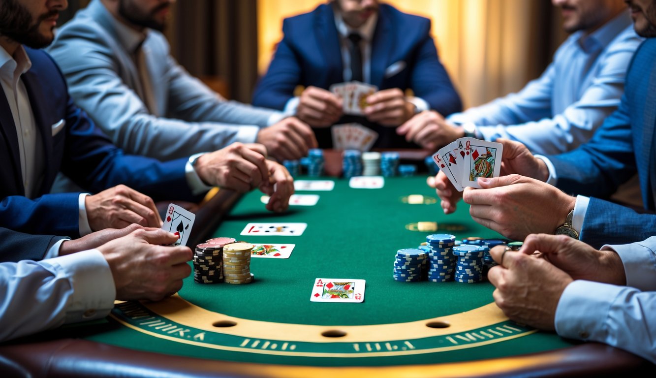Sekelompok pemain poker duduk di sekitar meja poker dengan kartu dan tumpukan chip taruhan, fokus pada permainan Omaha.