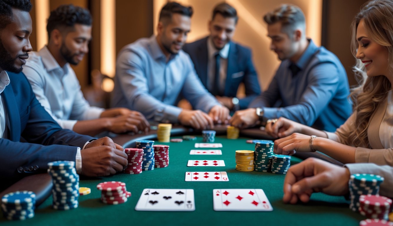 Meja poker dengan pemain yang sedang bermain permainan poker Omaha di lingkungan kasino yang elegan.