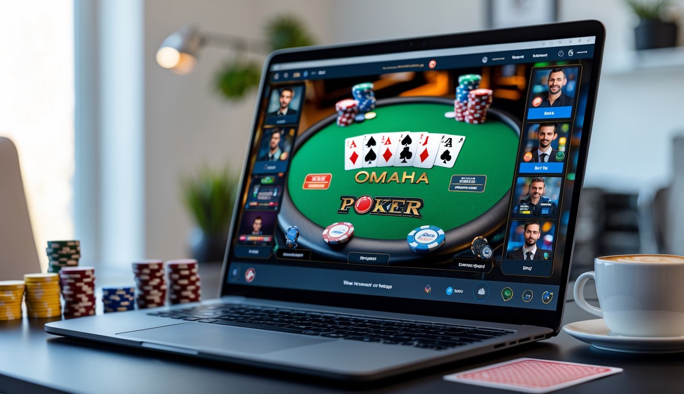 Seseorang sedang bermain poker Omaha online di depan layar komputer dengan tumpukan chip dan kartu di meja.