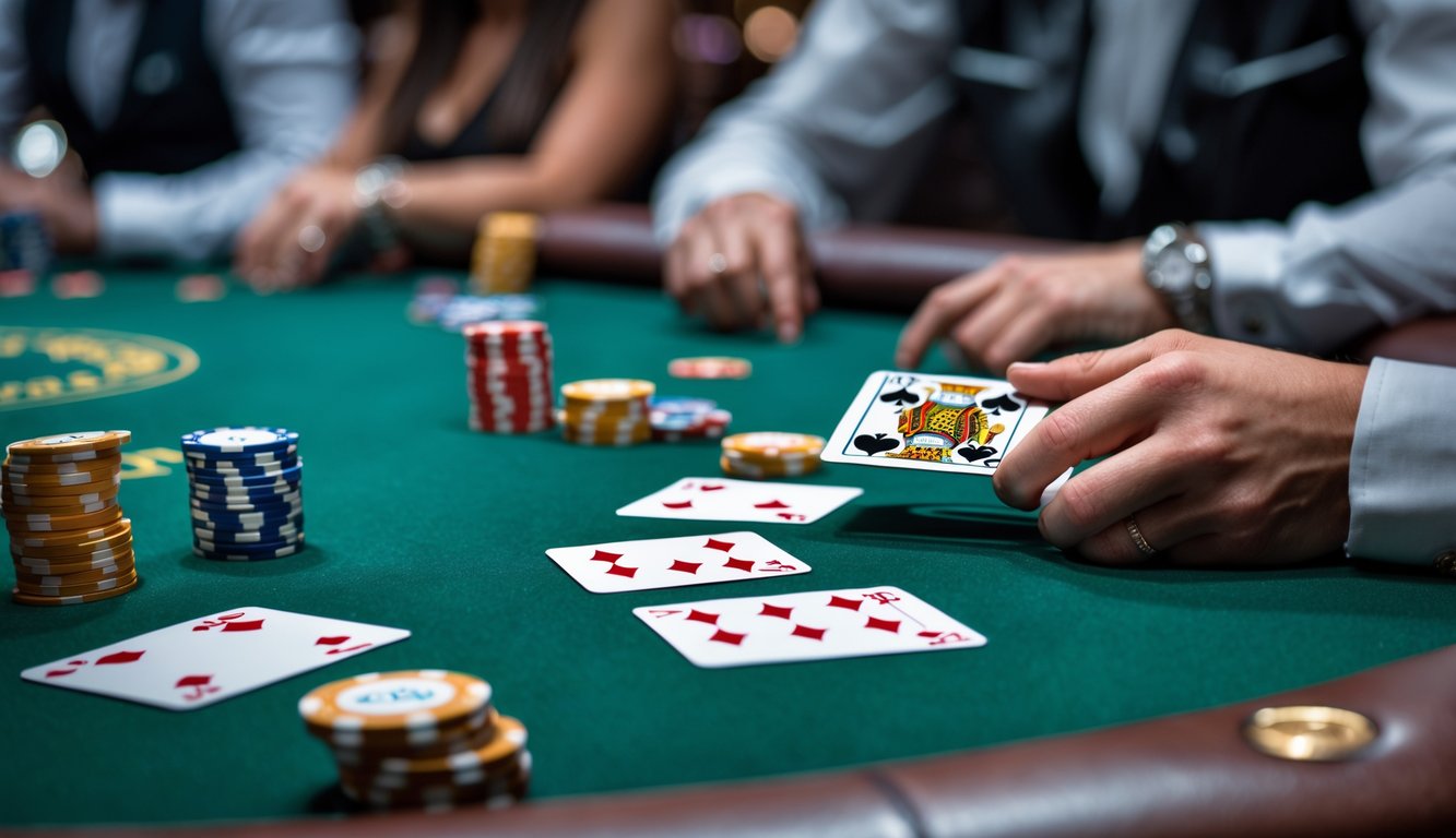 Seorang pemain poker sedang memegang kartu di meja poker dengan tumpukan chip di depan, suasana kasino modern.