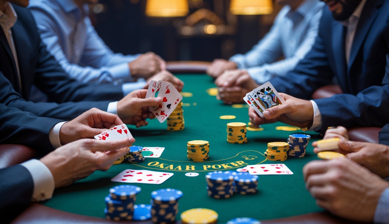 Meja poker dengan kartu dan chip yang dipegang oleh pemain dalam suasana permainan yang serius.