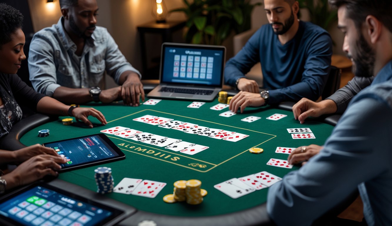 Beberapa orang sedang bermain poker Omaha online di meja dengan kartu dan chip poker.