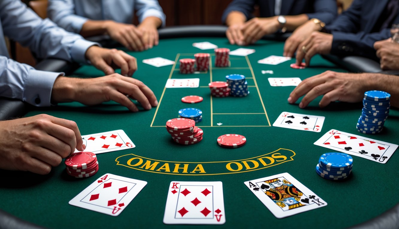 Meja poker dengan kartu dan chip yang tertata rapi, empat pemain duduk mengelilingi meja fokus pada kartu mereka.