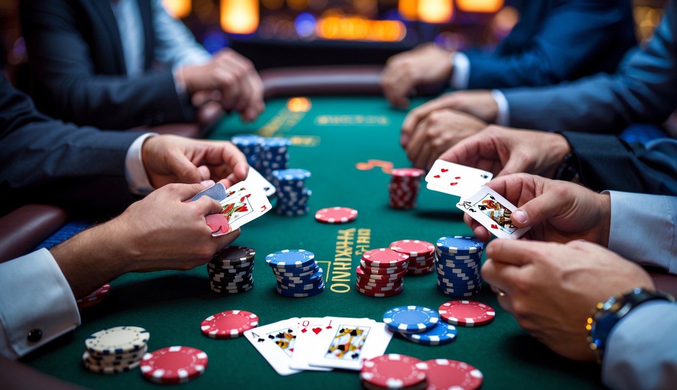 Meja poker dengan chip dan kartu, pemain sedang bermain poker Omaha dalam suasana kasino.