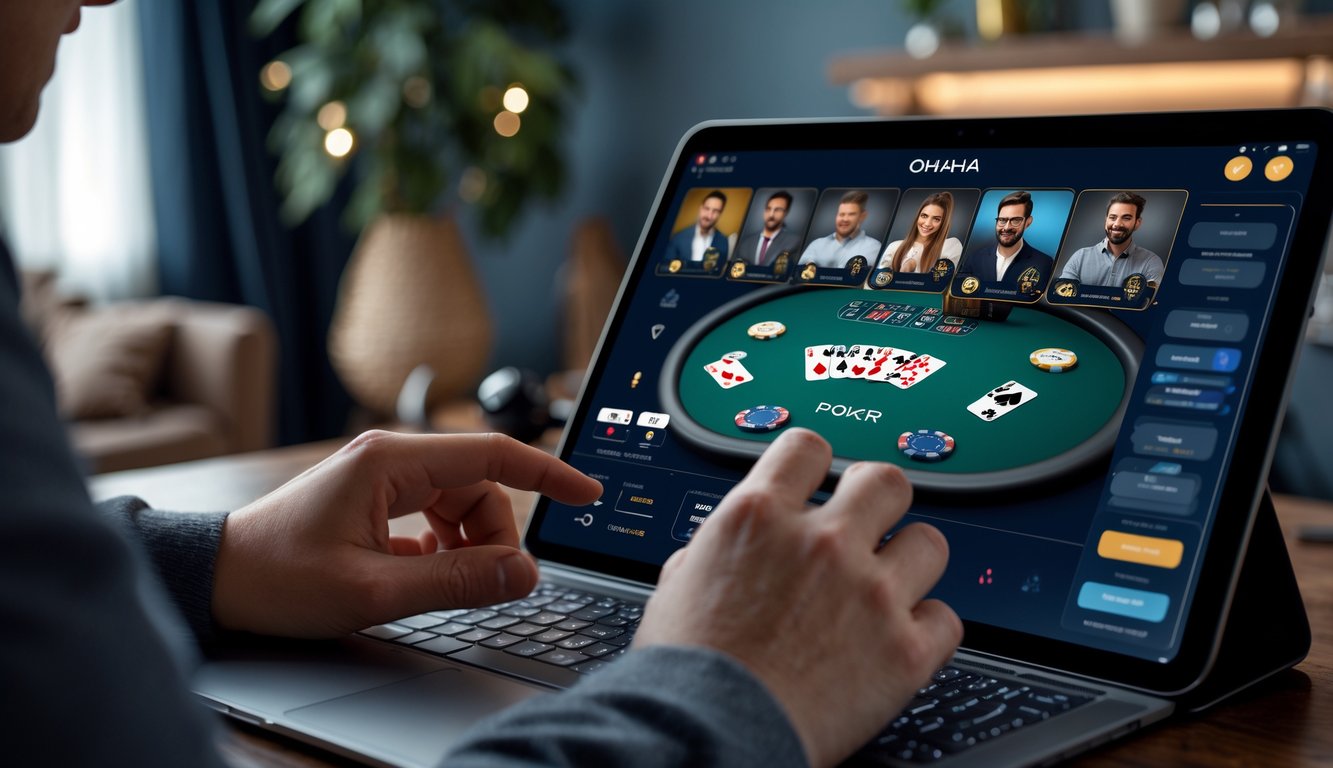 Seseorang sedang bermain turnamen poker Omaha online di layar komputer dengan kartu dan chip poker terlihat jelas.