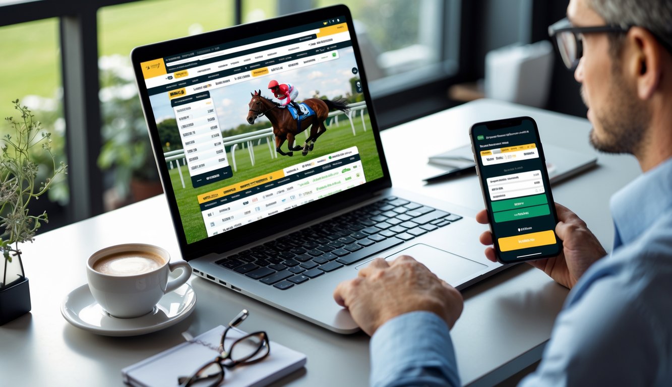 Seorang pengguna sedang memasang taruhan pacuan kuda secara online menggunakan laptop dan ponsel di meja kerja.