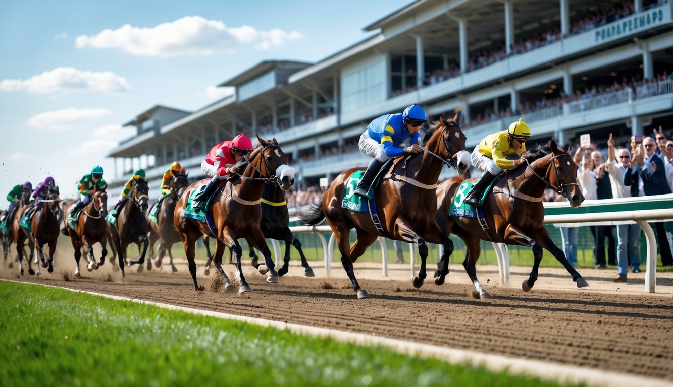 Beberapa kuda pacuan dengan joki berwarna-warni berlari cepat di lintasan balap dengan penonton yang bersorak di tribun.