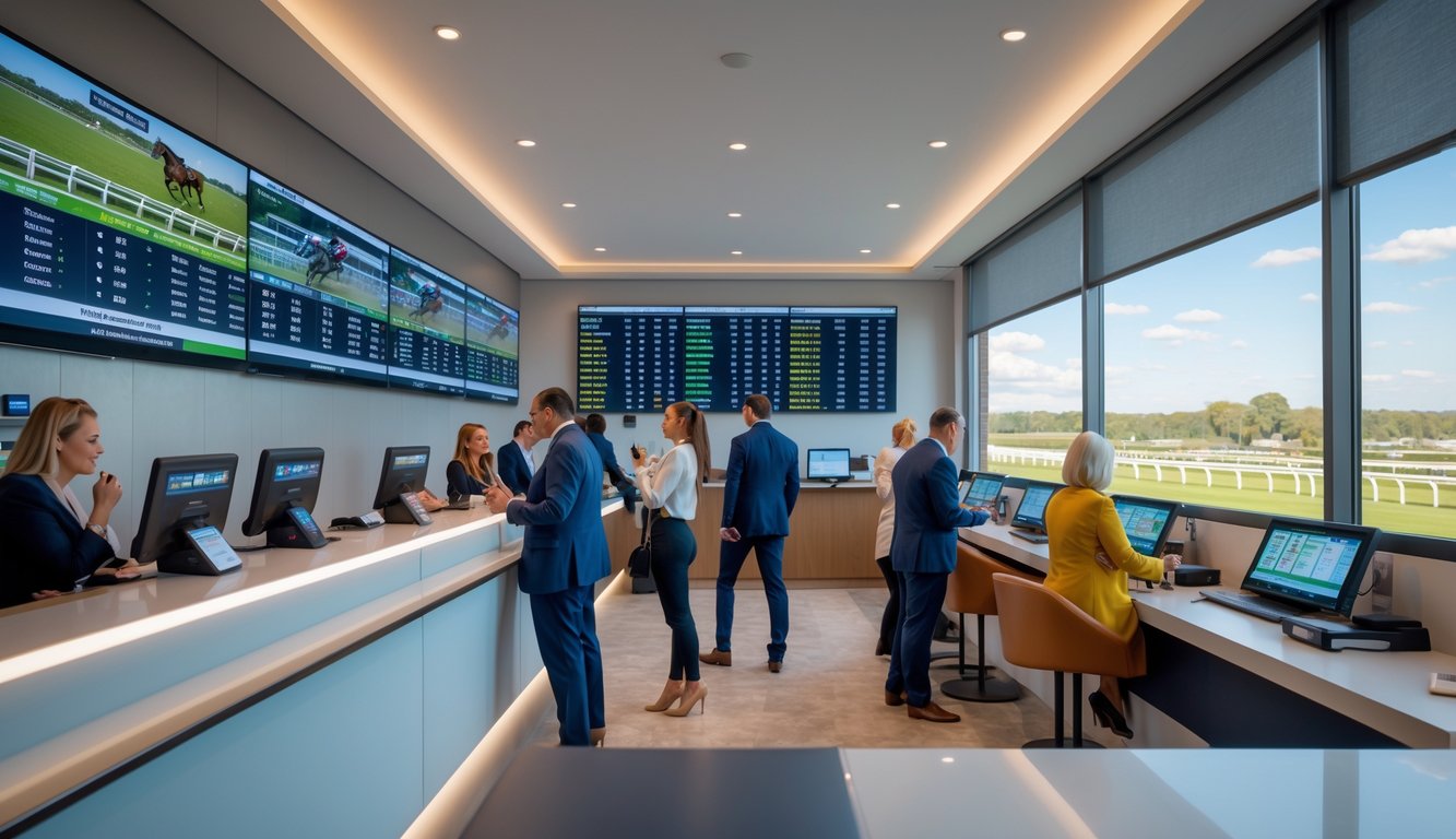 Suasana di dalam agen judi pacuan kuda dengan orang-orang yang sedang memasang taruhan dan layar menampilkan informasi pacuan kuda.