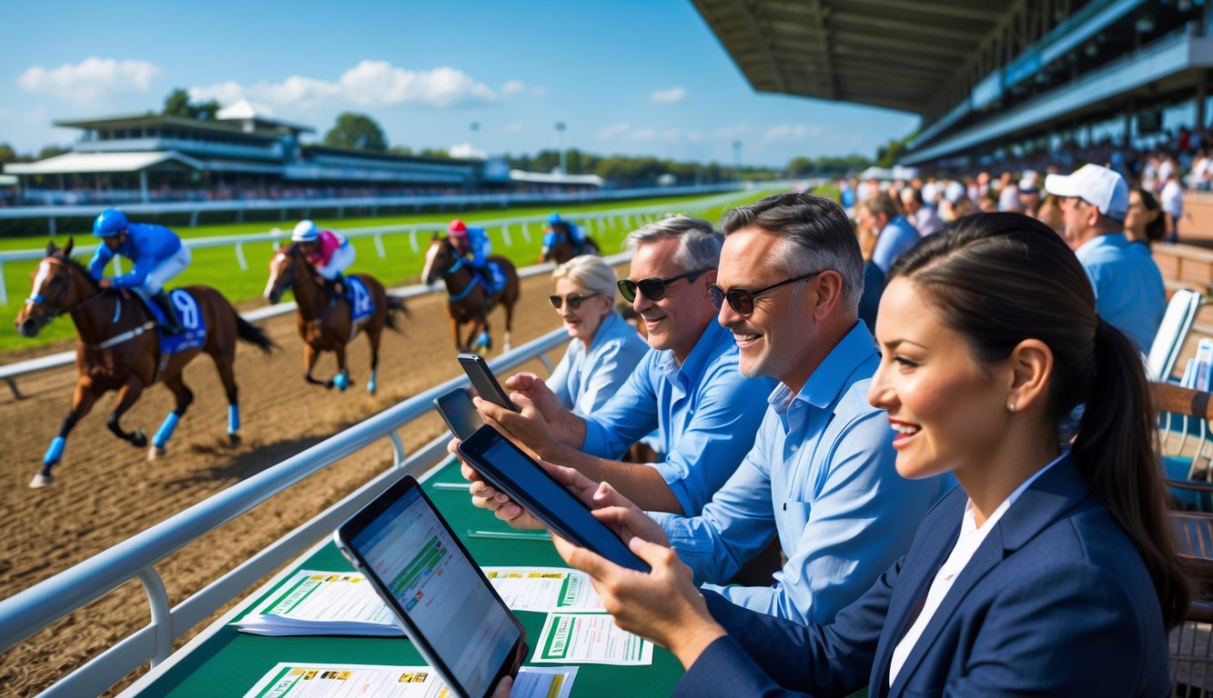 Orang-orang sedang memasang taruhan pada pacuan kuda di lintasan pacu dengan kuda dan joki yang sedang berlomba.