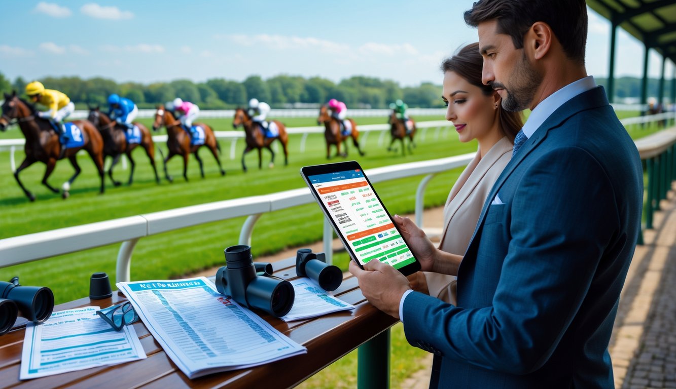 Seorang pria dan wanita berdiri di dekat lintasan pacuan kuda sambil melihat tablet digital dengan latar belakang kuda pacu yang sedang berlomba.