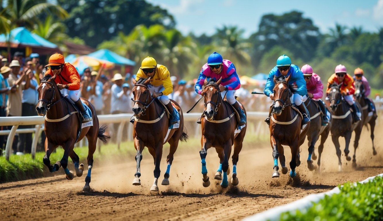 Sejumlah joki sedang berlomba kuda di lintasan dengan penonton yang bersorak di latar belakang.