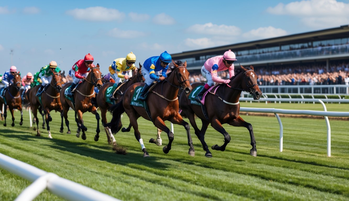 Beberapa kuda pacuan sedang berlari cepat di lintasan dengan joki mengenakan pakaian warna-warni dan penonton yang menyaksikan dari latar belakang.