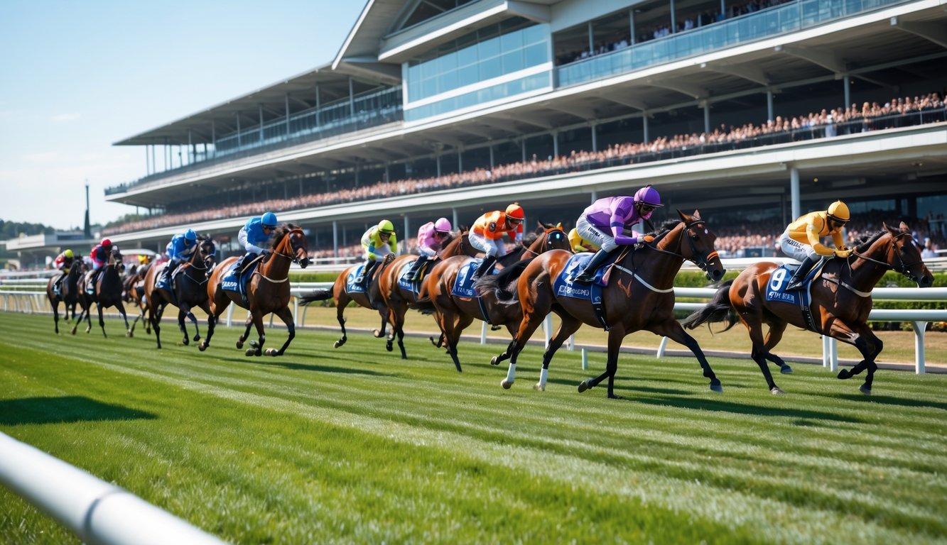 Balapan kuda resmi dengan joki mengenakan pakaian warna-warni di lintasan pacuan dan penonton di tribun.