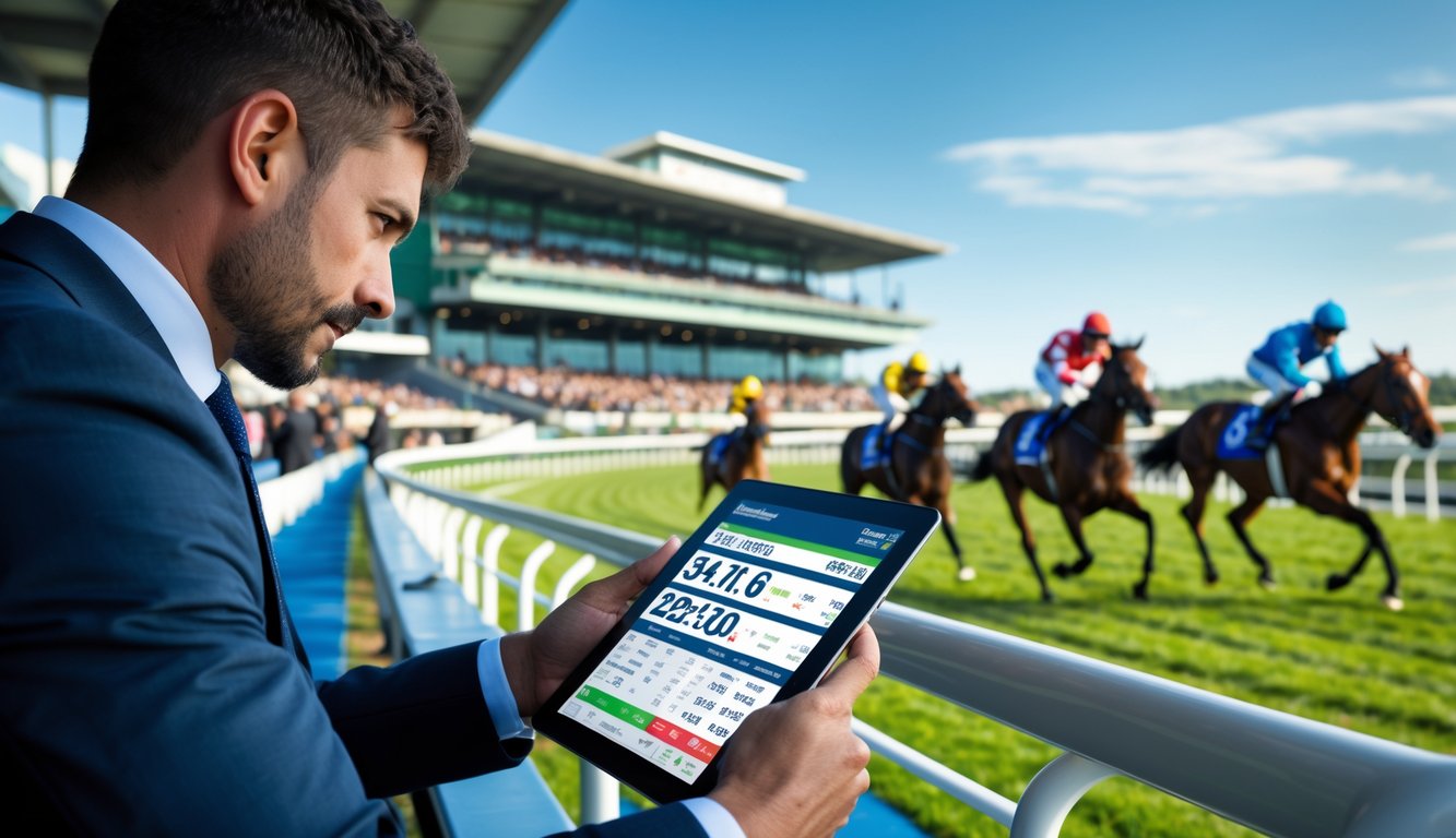 Seorang petaruh mengenakan pakaian rapi sedang melihat tablet digital di arena pacuan kuda dengan kuda dan joki yang sedang berlari di lintasan hijau.