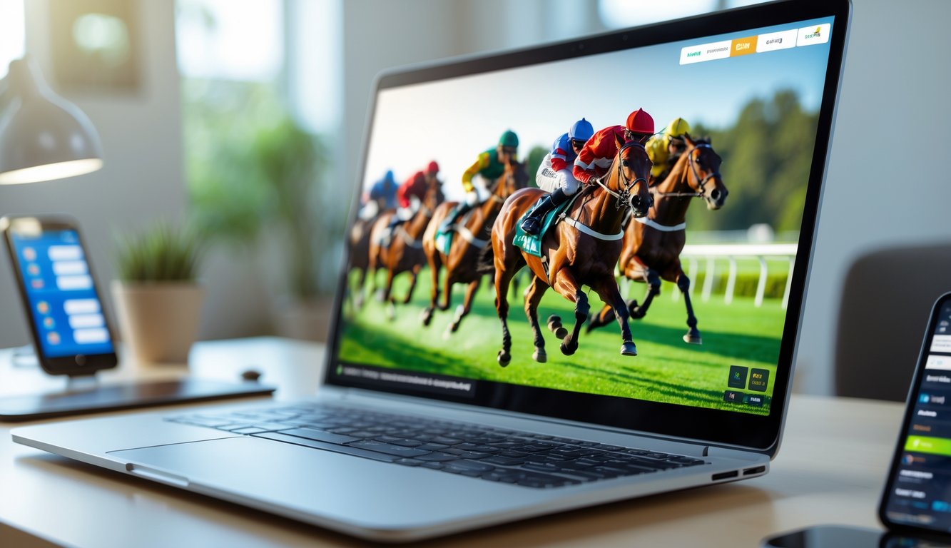 Layar komputer menampilkan balapan kuda yang sedang berlangsung dengan beberapa kuda dan joki berlari di lintasan hijau, di meja kerja dengan perangkat digital di sekitarnya.
