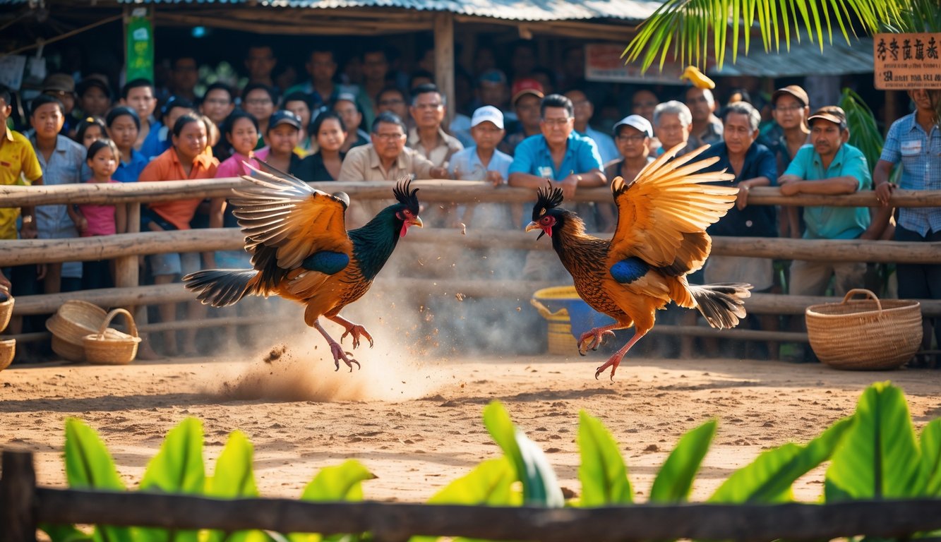 Dua ayam laga sedang bertarung di arena terbuka dengan penonton yang antusias di sekitar.