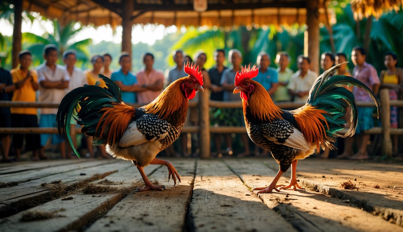 Dua ayam jago sedang bertarung di arena kayu dengan penonton di sekitarnya di luar ruangan.