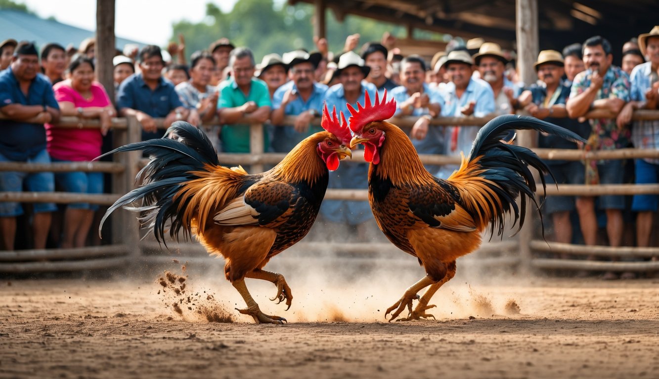 Dua ayam jago bertarung di arena terbuka dengan penonton yang antusias mengelilingi mereka.