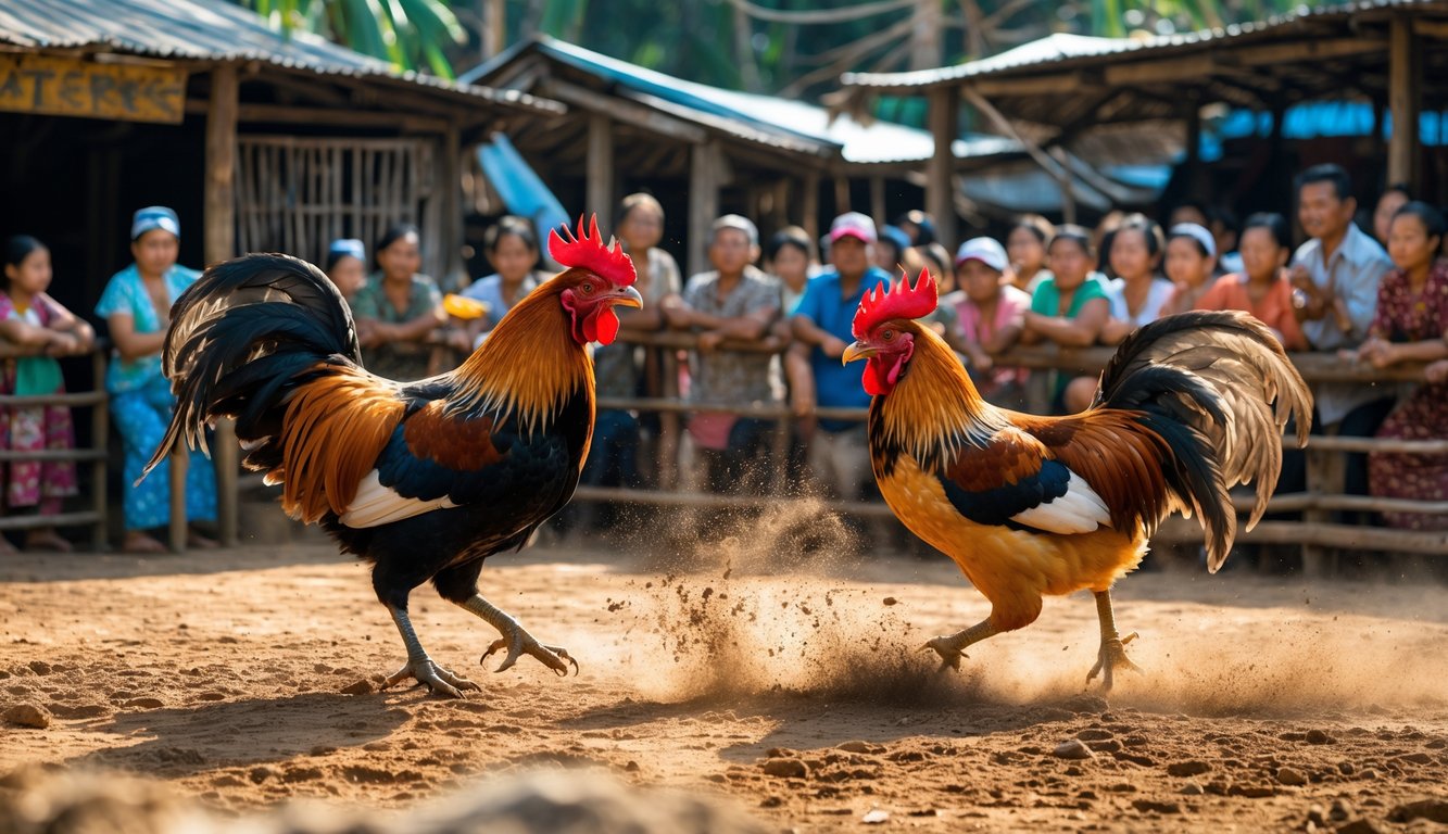 Dua ayam jantan sedang bertarung di arena terbuka dengan penonton lokal yang memperhatikan di sekitarnya.