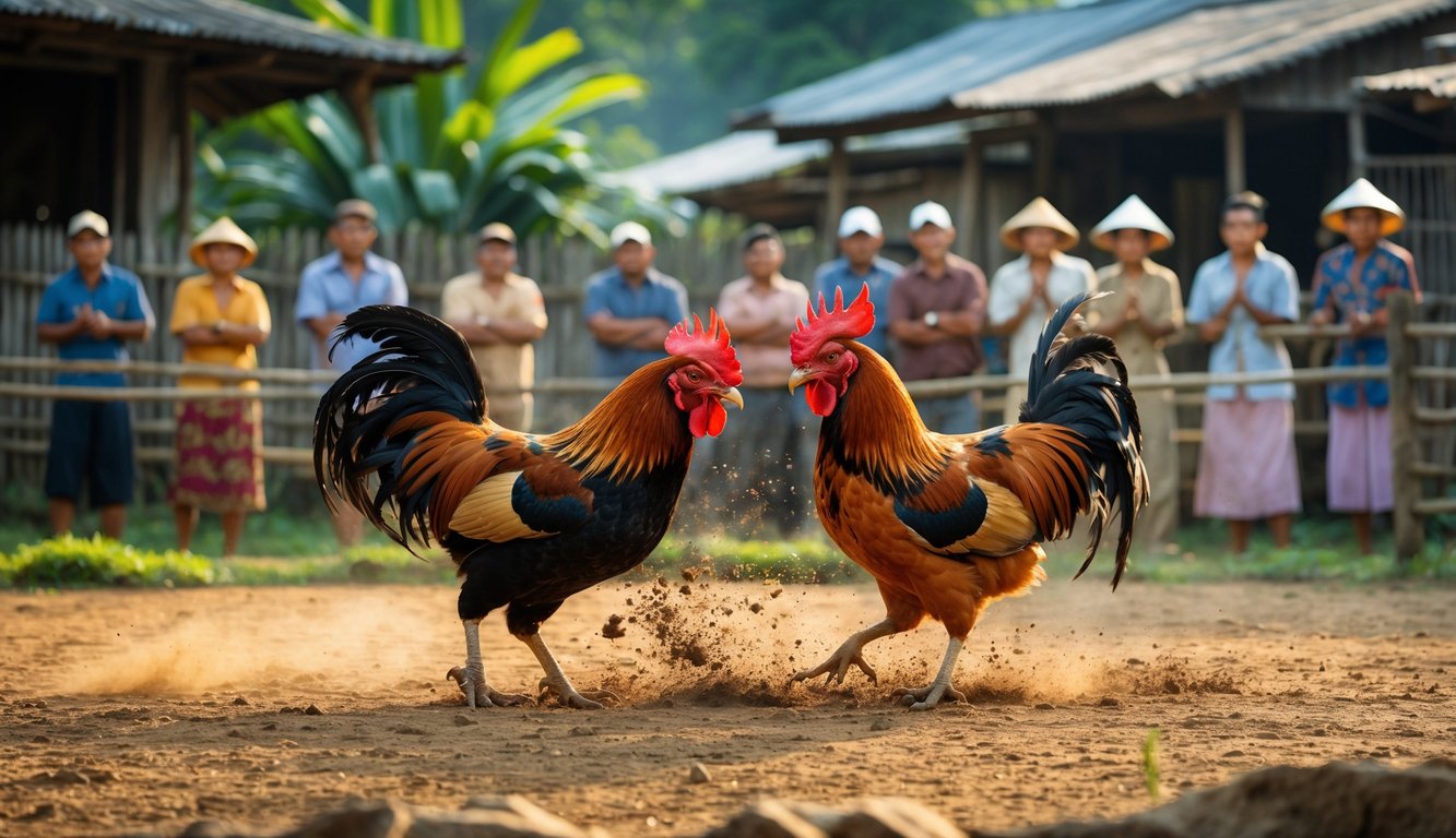Dua ayam jago sedang bertarung di arena tanah dengan penonton lokal mengelilingi, latar belakang berupa pepohonan dan rumah sederhana.
