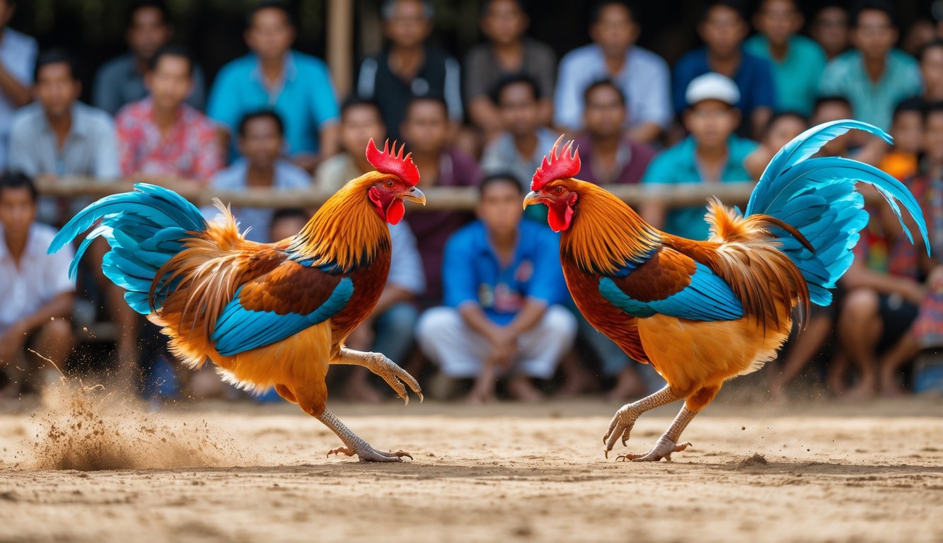 Dua ayam jago sedang bertarung di depan kerumunan orang yang menonton dengan antusias di luar ruangan.