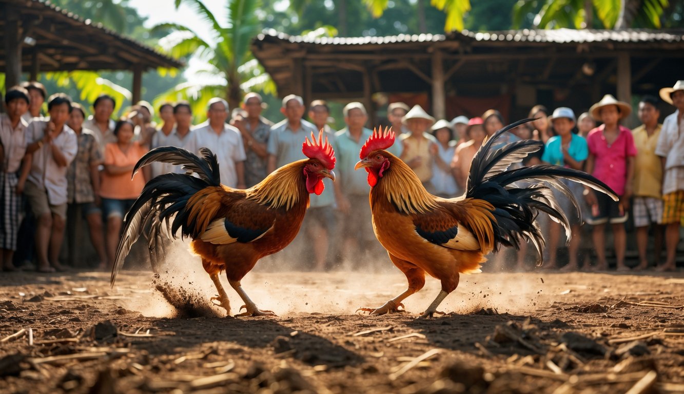 Dua ayam jago sedang bertarung di arena dengan penonton yang memperhatikan di sekelilingnya.