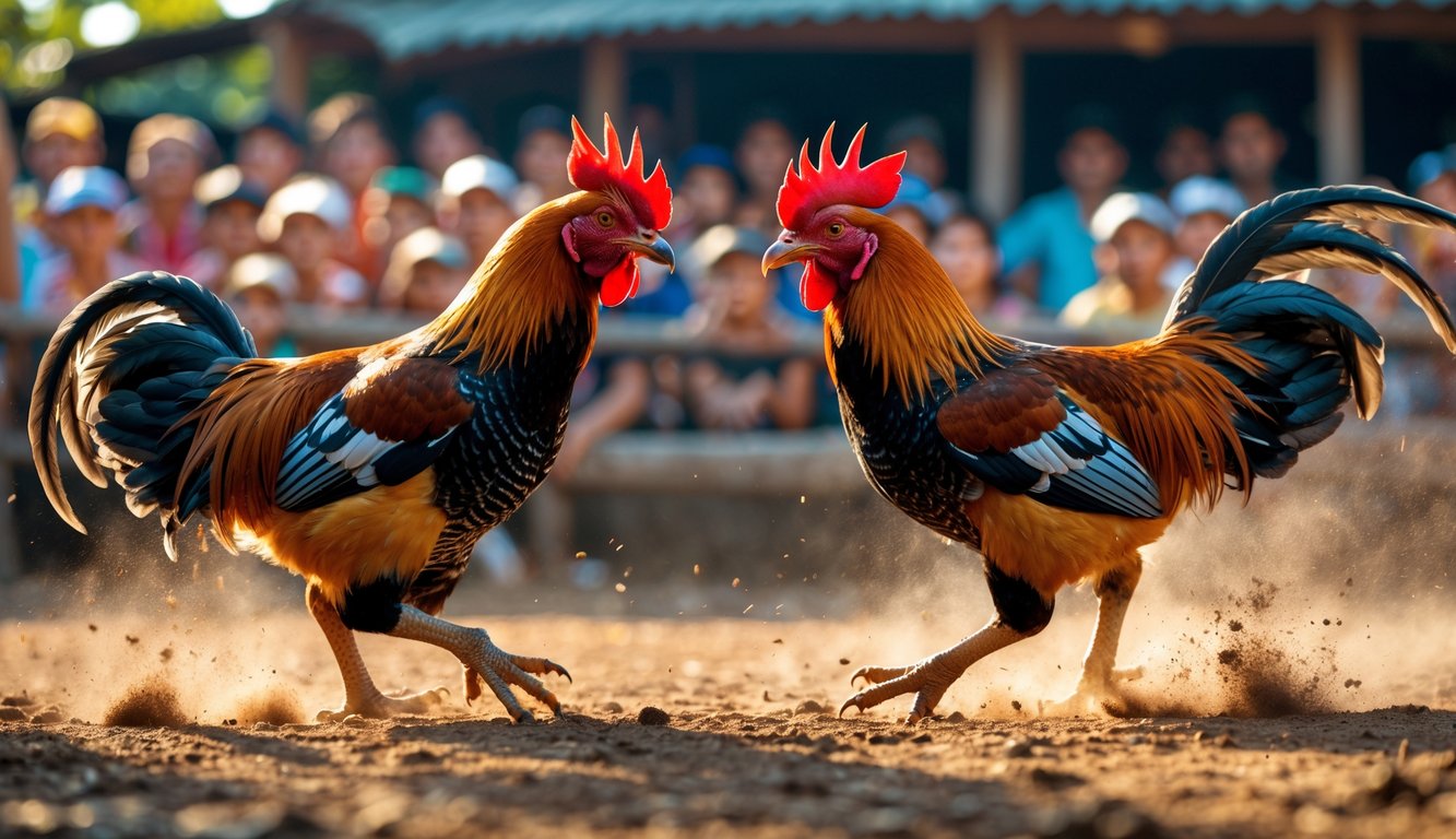 Dua ayam jago sedang bertarung di arena dengan penonton di latar belakang.