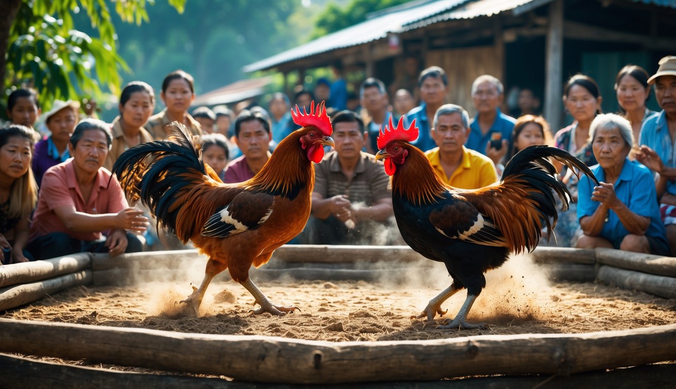 Dua ayam jago bertarung di arena kayu dengan penonton lokal yang antusias di sekelilingnya di sebuah desa dengan latar belakang pepohonan hijau.