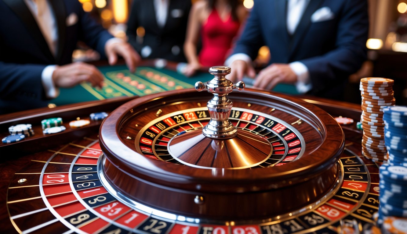 Meja roulette di kasino dengan roda roulette berwarna merah dan hitam serta tumpukan chip taruhan, dikelilingi oleh orang-orang yang bermain.