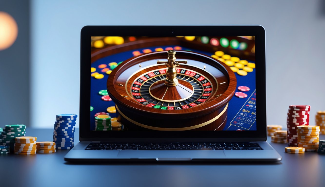 Sebuah komputer menampilkan roda roulette online dengan bola yang sedang berputar, dikelilingi oleh chip digital di lingkungan kasino online.