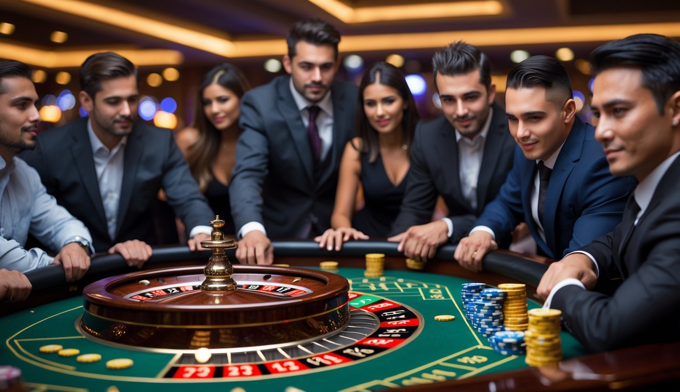 Meja roulette langsung dengan pemain yang sedang memperhatikan bola berputar di kasino.