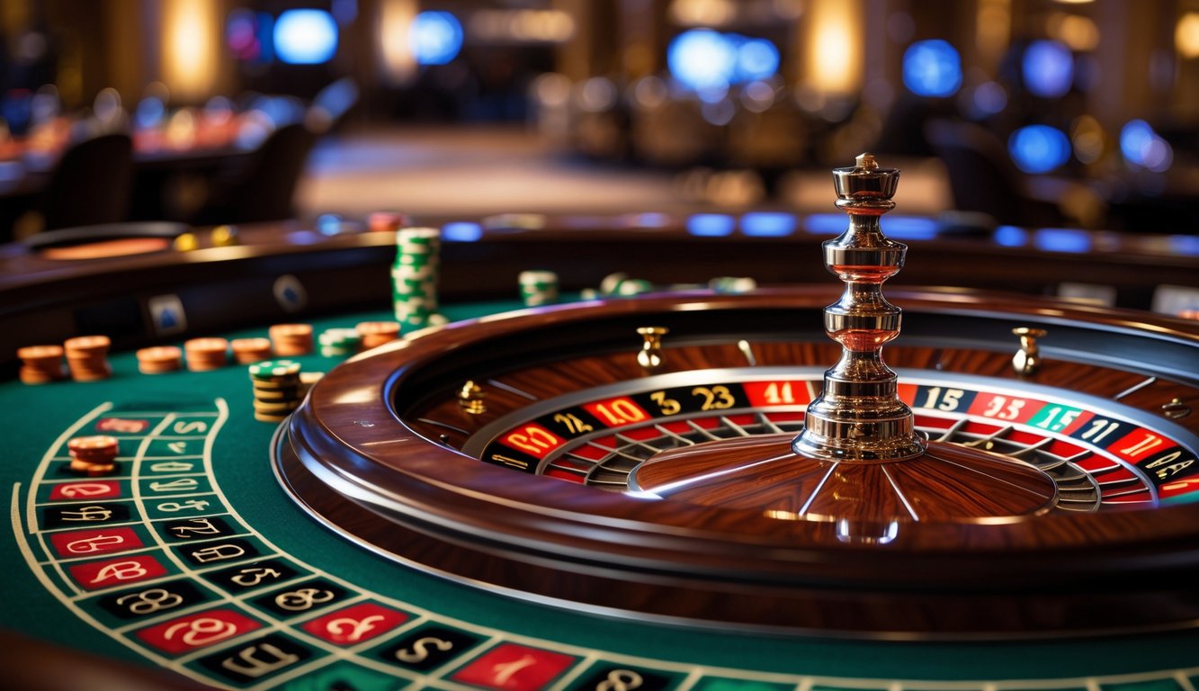Meja roulette dengan roda yang berputar dan chip taruhan di atas meja hijau di dalam kasino.
