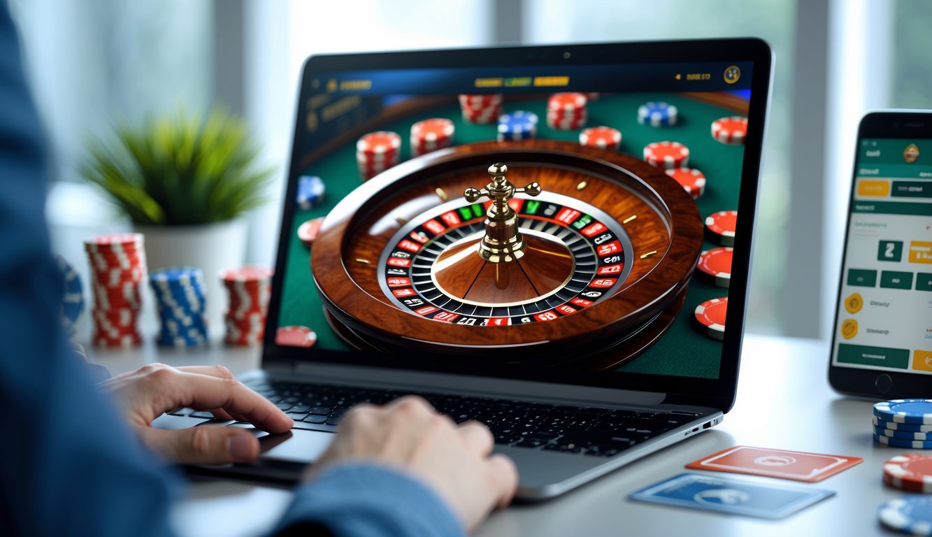 Seseorang menggunakan komputer dengan tampilan roda roulette online di layar, di meja terdapat chip dan ponsel dengan aplikasi taruhan.