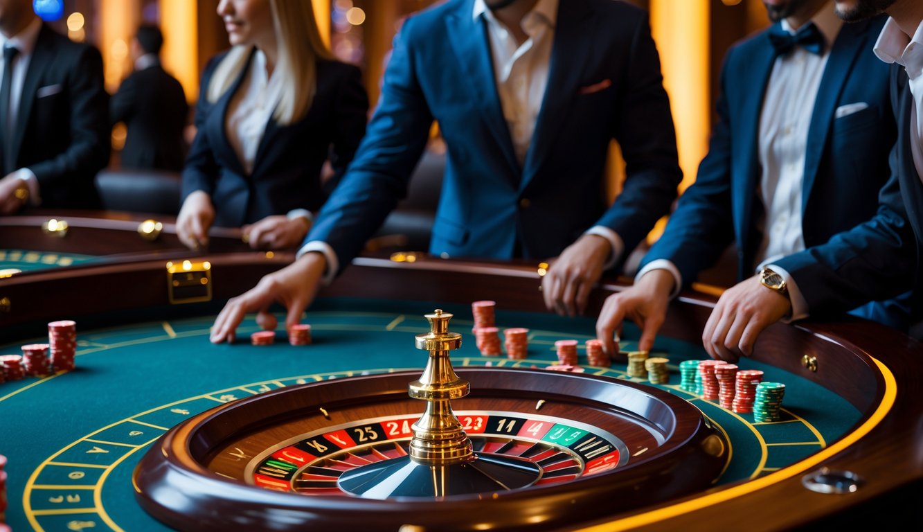 Meja roulette modern dengan pemain yang sedang memasang taruhan di kasino mewah.