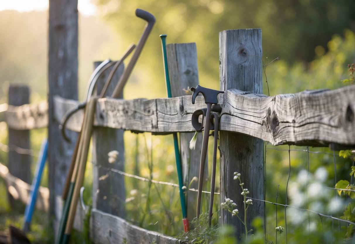 A rustic wooden farmhouse fence with gardening tools resting nearby and hands working, surrounded by wildflowers under soft daylight.