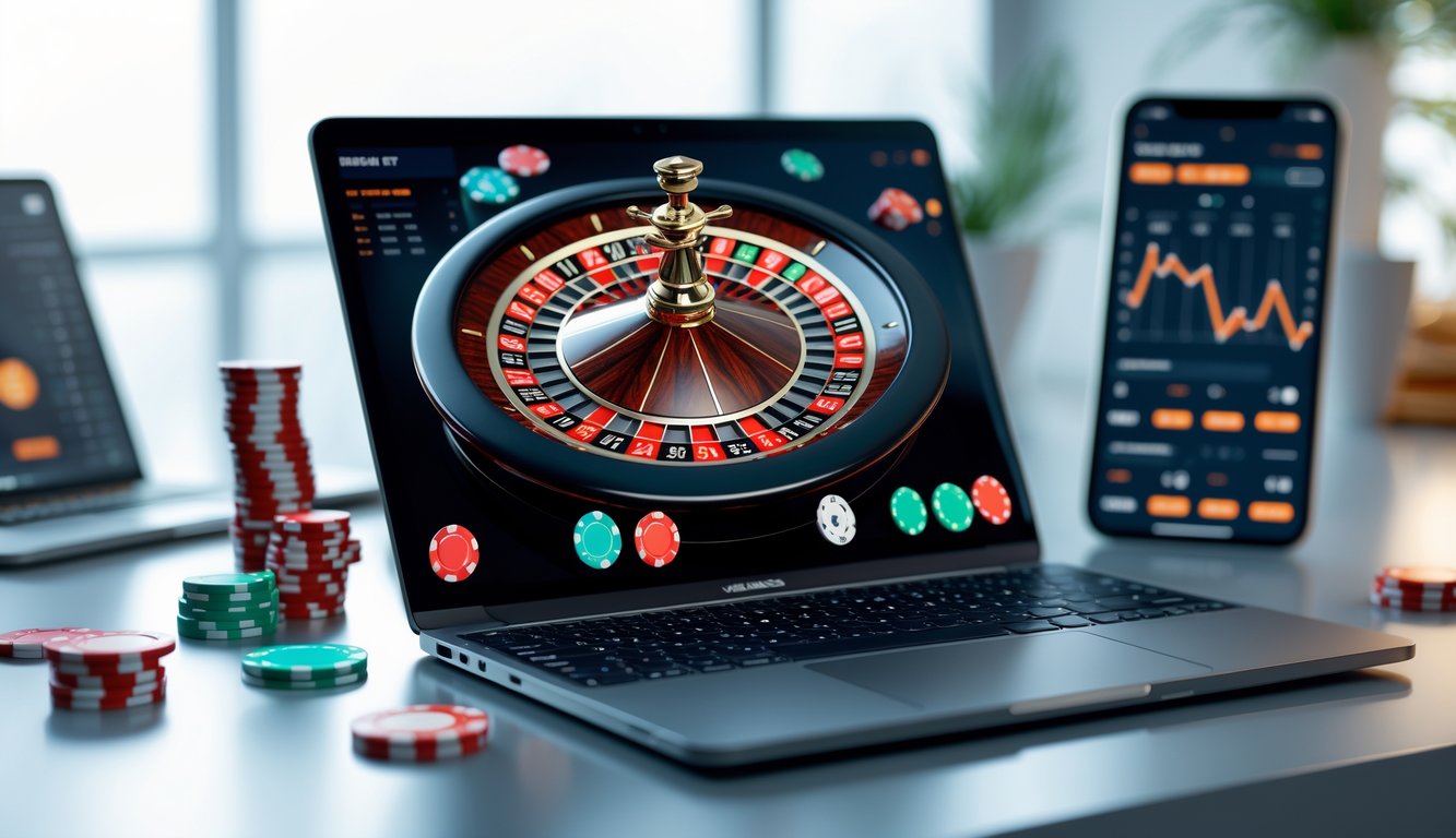 Sebuah laptop menampilkan roda roulette online yang berputar dengan chip taruhan dan grafik di sekitar meja kerja.