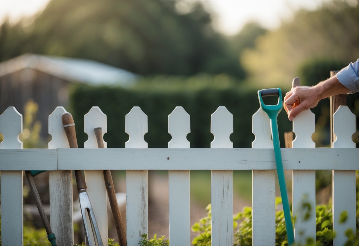 A white picket fence with gardening tools leaning against it and hands resting on the fence in a rustic farmhouse yard under soft daylight.