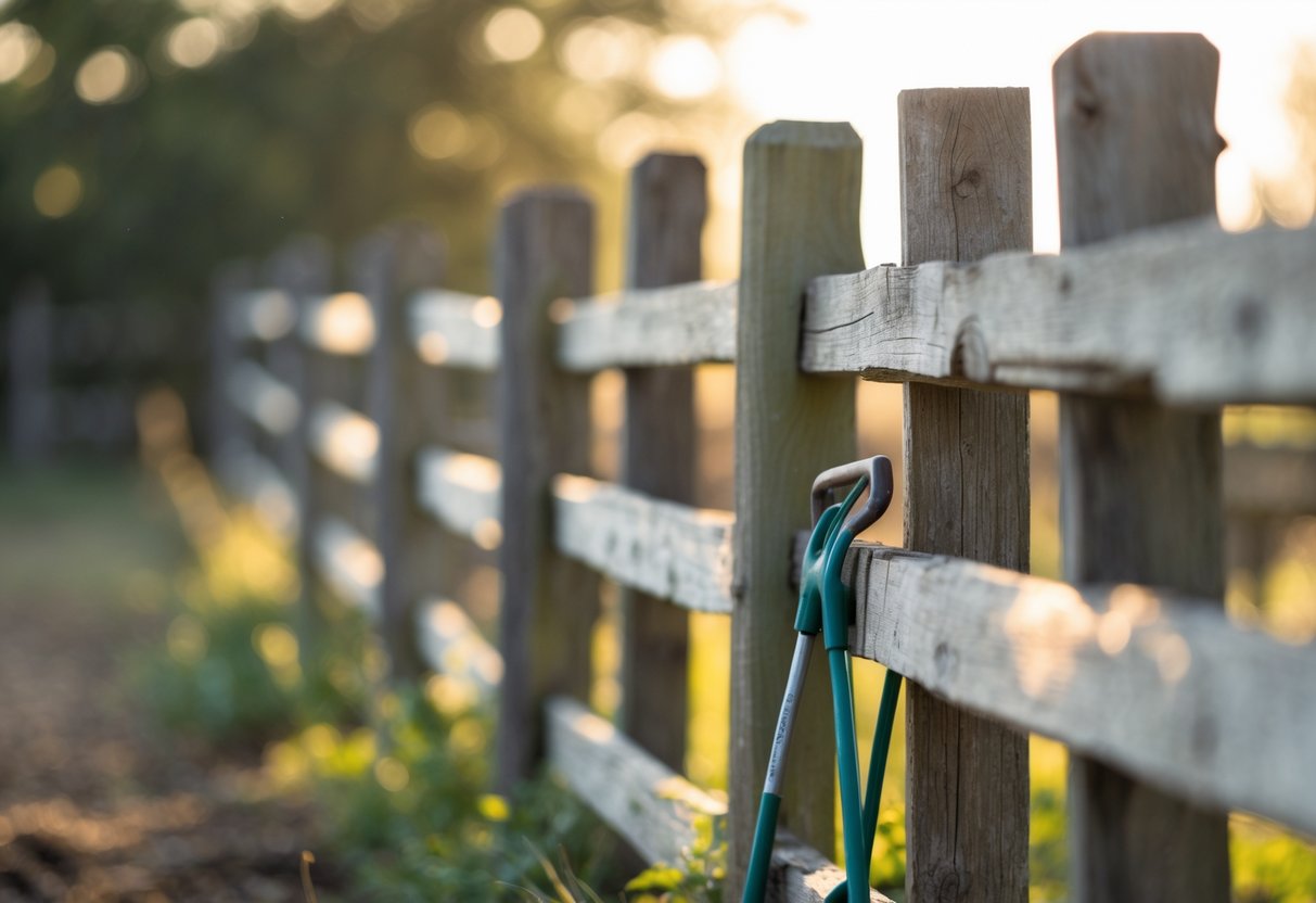 A split-rail wooden fence with gardening tools leaning against it and hands resting on the rails in soft daylight.